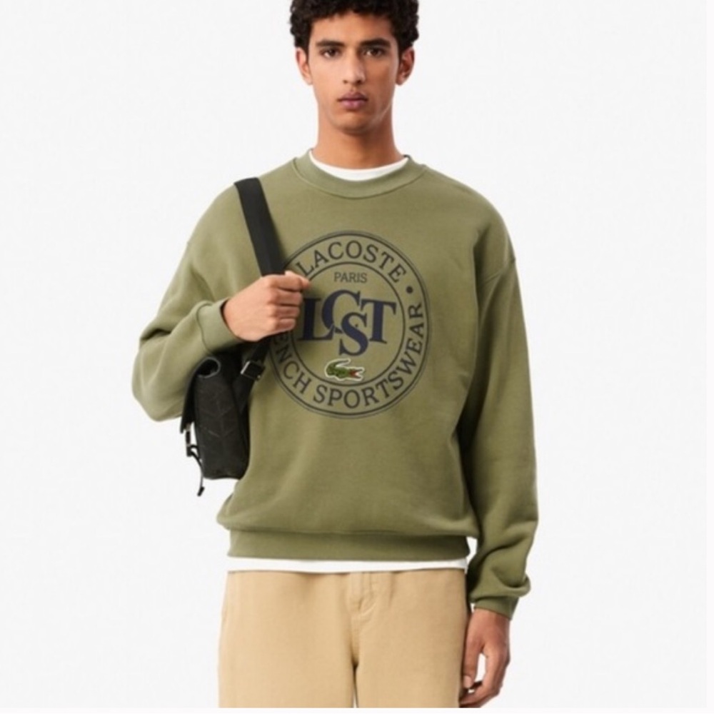 Lacoste Loose Fit Printed Fleece Sweatshirt Crewneck Khaki Green Size L